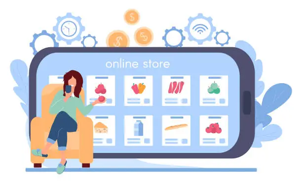 Vector illustration of Girl buys groceries in an online store. Woman is sitting in a chair in front of a large smartphone and holding an apple. Online shopping via smartphone application, mobile payment.