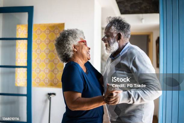 Senior Couple Dancing At Home Stock Photo - Download Image Now - Dancing, Senior Adult, Senior Couple