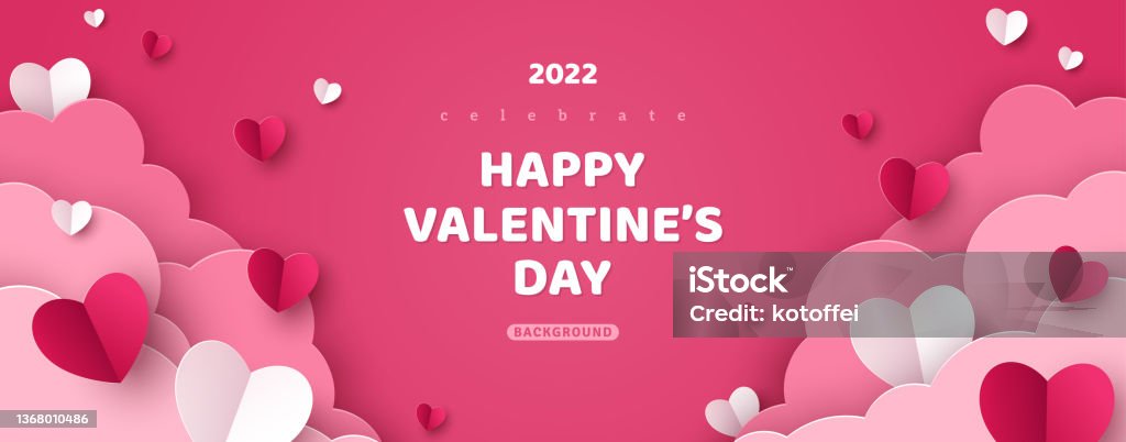 Valentines day paper clouds pink Horizontal banner with pink sky and paper cut clouds. Place for text. Happy Valentine's day sale header or voucher template with hearts. Rose cloudscape border frame pastel colors. Heart Shape stock vector