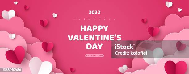 Valentines Day Paper Clouds Pink Stock Illustration - Download Image Now - Heart Shape, Valentine's Day - Holiday, Three Dimensional