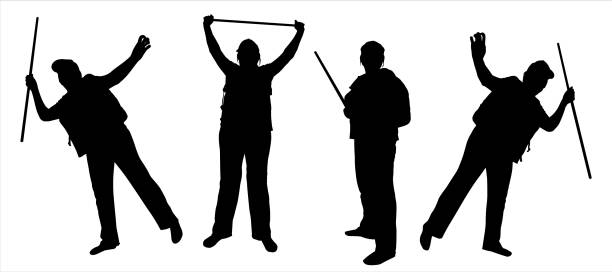 Women in different positions with a raised hand. Fall, stumble, bend to the side. Female silhouette in a cap, with a backpack behind her back and a walking stick in her hands. Isolated on white. Women in different positions with a raised hand. Fall, stumble, bend to the side. Female silhouette in a cap, with a backpack behind her back and a walking stick in her hands. Isolated on white. person falling backwards stock illustrations