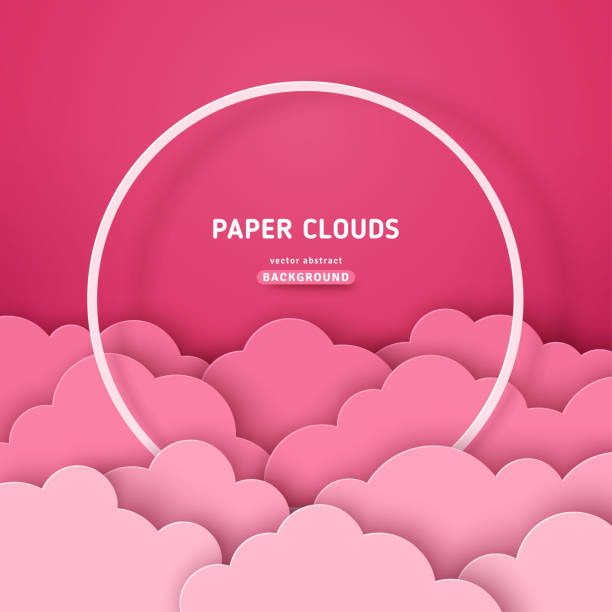 Cotton pink clouds with round frame Beautiful cotton pink clouds with white round frame on dawn sky background. Vector illustration. Paper cut style. Place for text. Happy Valentine's day pastel backdrop, baby girl fantasy poster fairy rose stock illustrations
