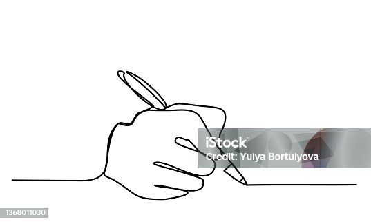 istock Hand with Pen a Person writes on paper Record Write a Letter sign an agreement Contract Continuous Line drawing on white isolated vector trendy  illustration 1368011030