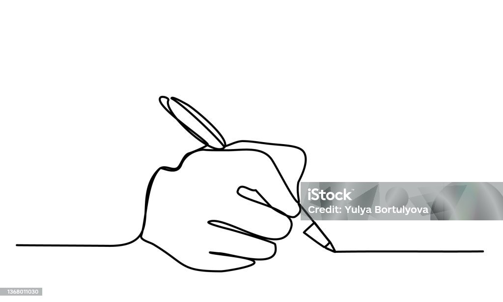 Hand with Pen a Person writes on paper Record Write a Letter sign an agreement Contract Continuous Line drawing on white isolated vector trendy  illustration Hand with Pen a Person writes on paper Record Write a Letter sign an agreement Contract Continuous Line drawing black on white isolated vector trendy  illustration Writing - Activity stock vector