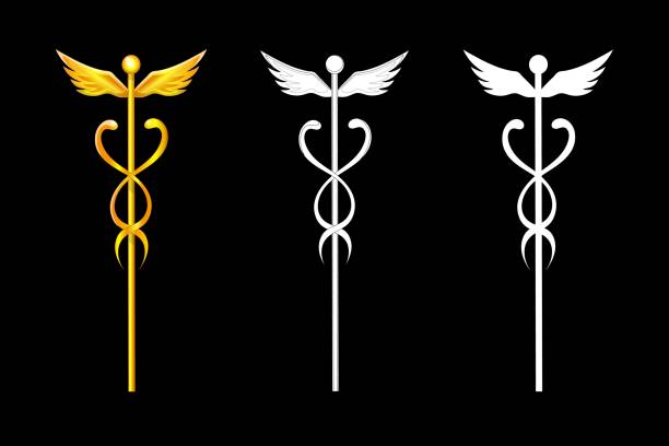 Caduceus, winged wand with serpents, of Hermes, Mercury, Greek or Roman god of commerce. Trade symbol Golden caduceus of Hermes, Mercury, Greek Olympian deity of merchants, commerce, messengers. Mythical winged staff with two intertwined snakes. Golden cartoon symbol, white silhouette, outline cartoon of caduceus medical symbol stock illustrations