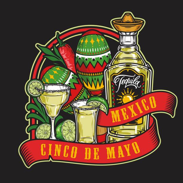 데킬라와 마라카스를 곁들인 멕시코 세트 - shot glass mexican culture lime alcohol stock illustrations