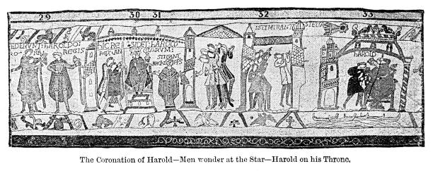 koronacja harolda z gobelinu z bayeux - tkanina z bayeux stock illustrations