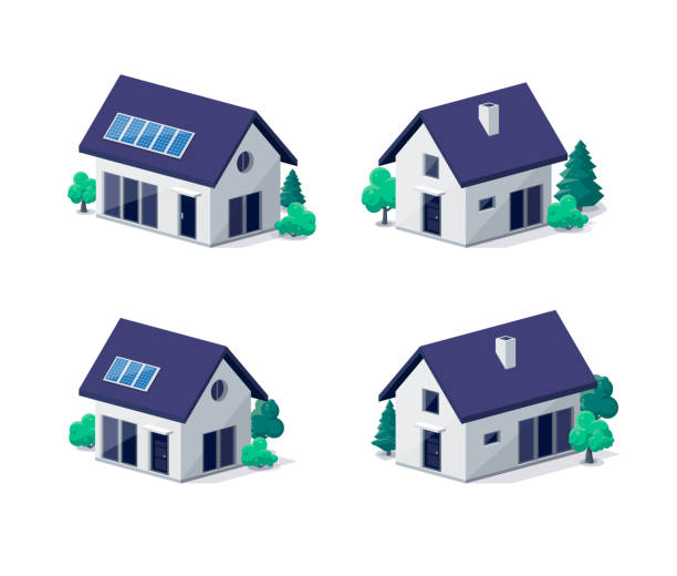 Classic modern family house village building with gable roof Classic modern family house building icon in 3d view. Residential home property. Contemporary standard suburban village style with gable roof and solar panels. Isolated vector real estate illustration house stock illustrations