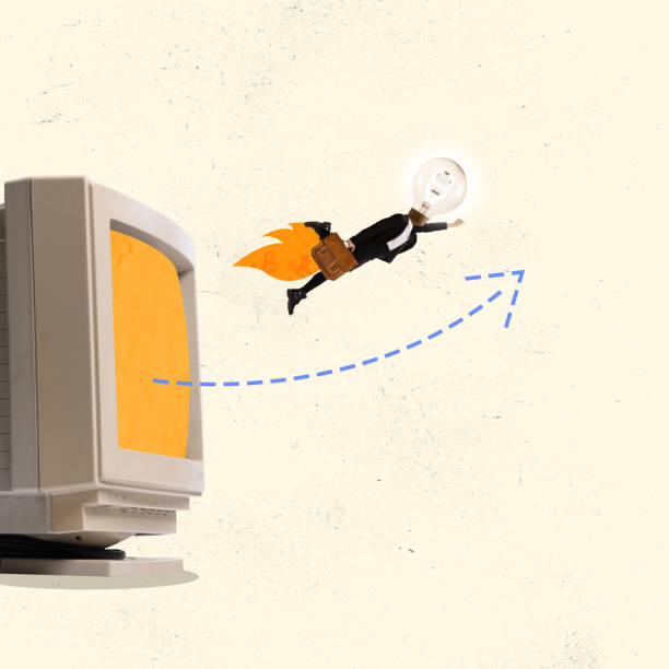 Creative design. Contemporary art collage. Businesswoman breaking through computer screen, flying to success and promotion with new business ideas