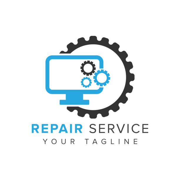 ilustrações de stock, clip art, desenhos animados e ícones de computer repair design vector logo design with gear icon - repairing computer technician service