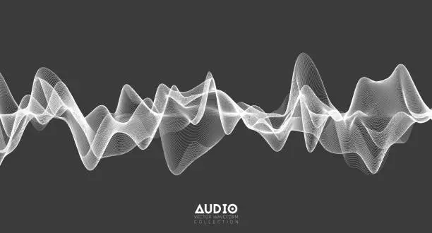 Vector illustration of 3d audio soundwave. White music pulse oscillation. Glowing impulse pattern