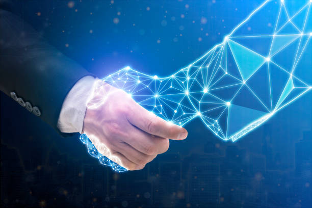 istock Business human and robot hands shake. Concept future business illustration. Polygonal space low poly with connecting dots and lines. 1368016141
