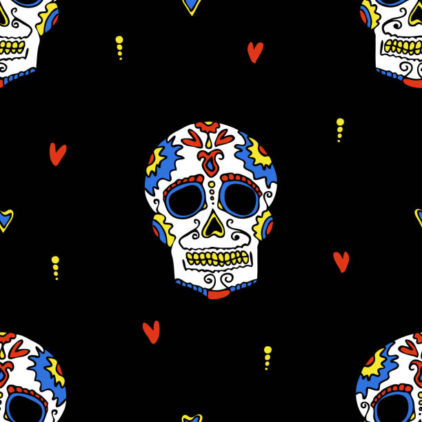 ilustrações de stock, clip art, desenhos animados e ícones de simple skull on black - pop art skull backgrounds pattern