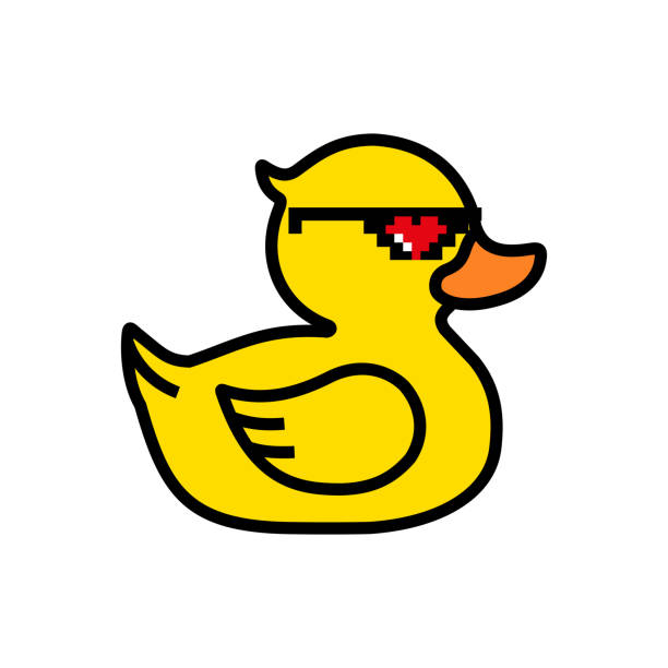 Rubber yellow duck in pixel sunglasses with heart Rubber yellow duck in pixel sunglasses with heart isolated on white background cartoon of bird with glasses stock illustrations