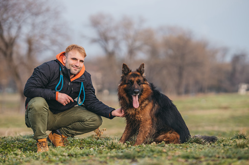 Young man and German shepherd in park