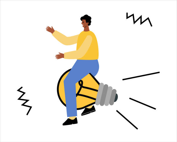 istock The concept of a new idea. A man is sitting astride a light bulb. A man flies on a light bulb to new ideas. Business Illustration. Vector illustration 1368019139