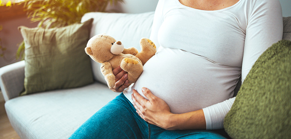 Pregnant Woman Holding Teddy Bear and smiling, sitting on the floor in her living room. Wearing white T-shirt . Woman has brown curly hair and beautiful smile. Sunlight in background.