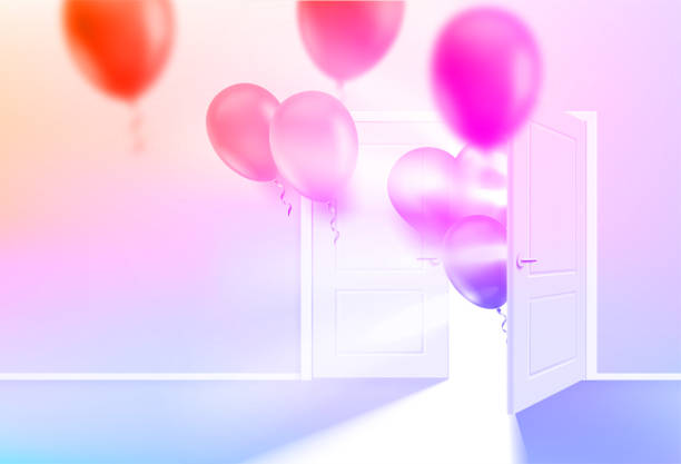 istock Opened door with shining and air balloons. holiday concept, 3d vector illustration 1368020018
