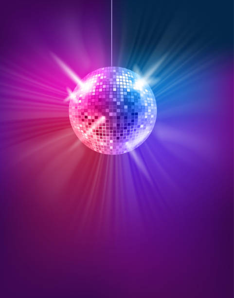 istock Dark room with glowing colorful disco ball. Vector 3d banner with copy space 1368020335