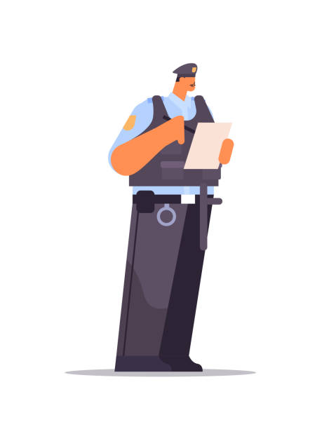 police officer writing report parking fine policeman in uniform security authority justice law service concept police officer writing report parking fine policeman in uniform security authority justice law service concept full length vector illustration traffic ticket stock illustrations