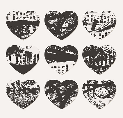 Vector image of 9 heart shapes made of torn papers and textures.