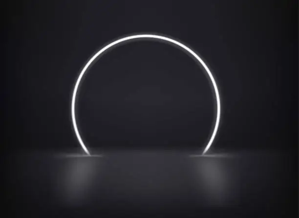 Vector illustration of White neon glowing circle on dark interior. 3d vector template for design