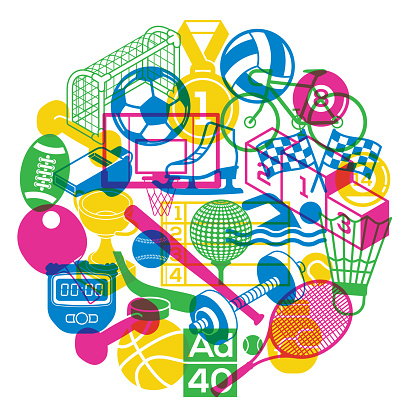Vector illustration of various sports-related icons (sports equipment, sports balls, soccer, basketball, baseball, tennis, cycling, billiard, weights, golf, volleyball, formula, badminton, table tennis, boxing, swimming, ice skating). Sports betting, competition, championships, gym workout background design with risograph overprinting effect.