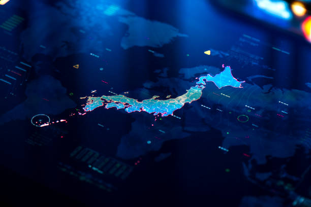 mapa japonii na wyświetlaczu cyfrowym - japan digital map zdjęcia i obrazy z banku zdjęć