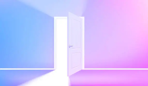 Vector illustration of Opened door in corridor with vivid light. Realistic 3d style vector illustration
