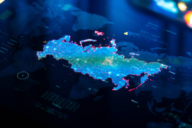 Map of Russian Federation on digital pixelated display