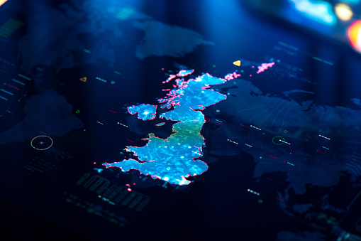 Map of United Kingdom on digital pixelated display