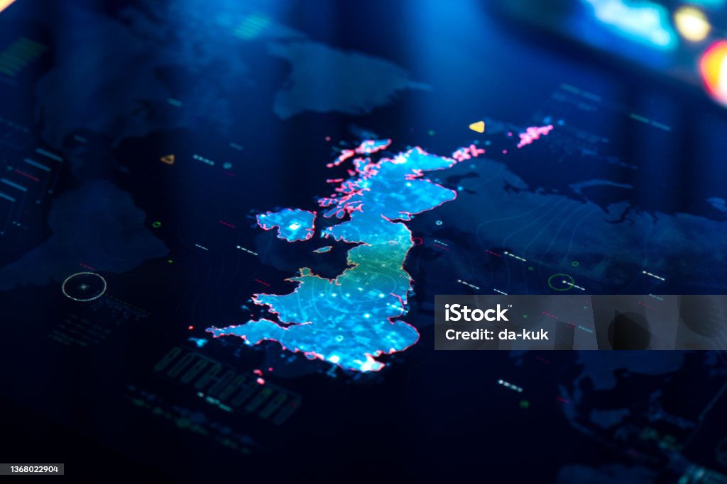 Map of UK on digital display Map of United Kingdom on digital pixelated display UK Stock Photo