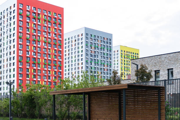 New housing complex in New Moscow. New apartment buildings where mature trees are planted.