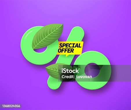 istock Spring and summer season sale banner with leaves and percentage sign. Special offer concept. 3d vector illustration 1368024056