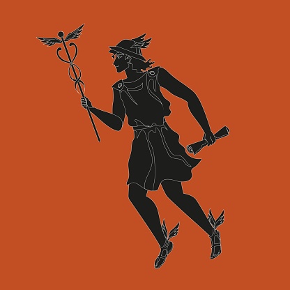 Hermes, Mercury, Greek Olympian deity of merchants, commerce, sly divine trickster. Agile messenger, smiling handsome young man in tunic, helmet, winged sandals, with scroll and caduceus