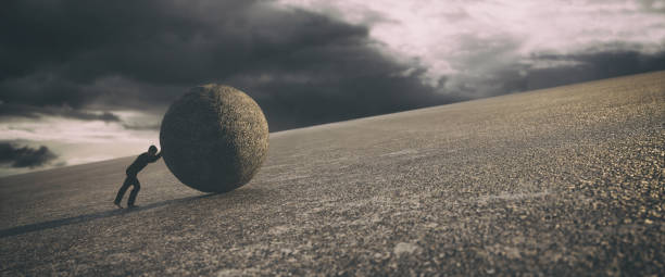 istock Ilustration of a man pushing a big concrete ball, 3d rendering 1368025976