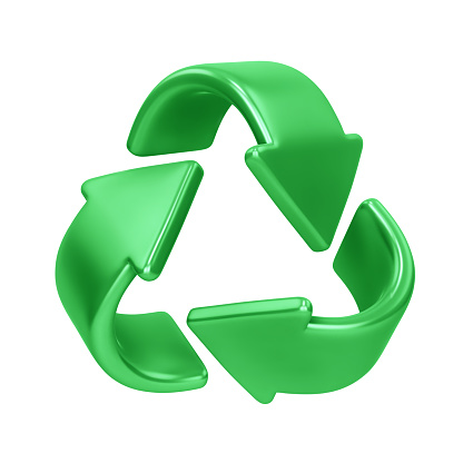Green recycling symbol, recycle icon isolated on white. 3D rendering with clipping path