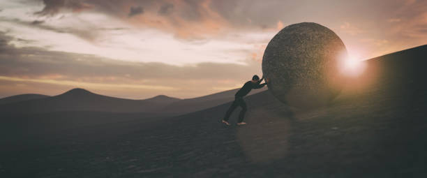 istock Ilustration of a man pushing a big concrete ball, 3d rendering 1368025994