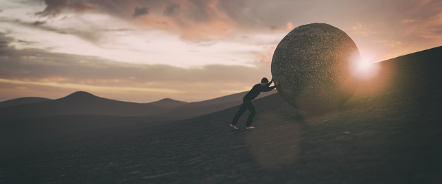 Ilustration of a man pushing a big concrete ball