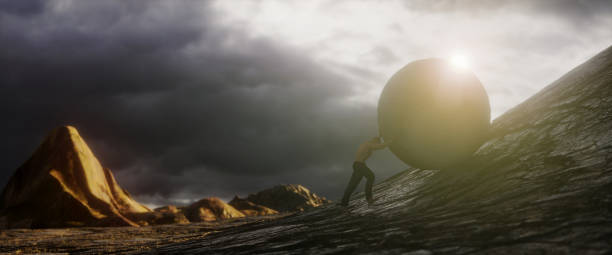 istock Ilustration of a man pushing a big concrete ball, 3d rendering 1368026029