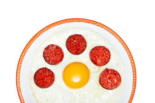 Fried egg with sausage on white plate isolated on white background (with clipping path)