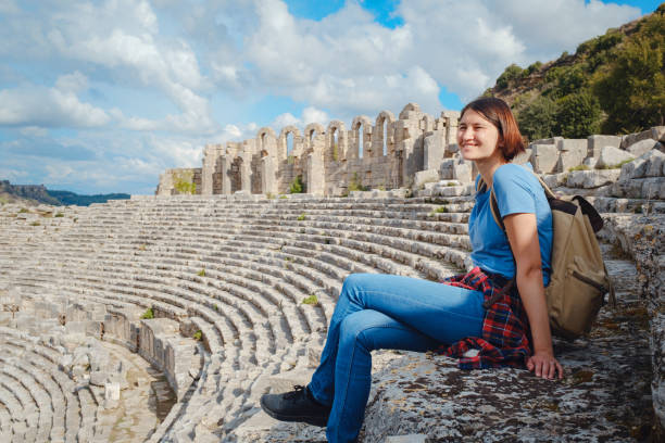 walk in antalya turkey on warm october afternoon, city perge - ancient greece mediterranean turkey izmir turkey imagens e fotografias de stock