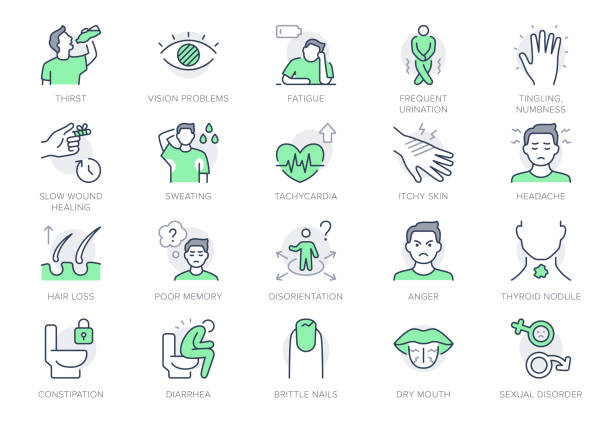 ilustrações de stock, clip art, desenhos animados e ícones de diabetes symptoms line icons. vector illustration include icon - sexual loss, diarrhea, disorientation, depression outline pictogram for endocrinology problems. green color, editable stroke - thirsty