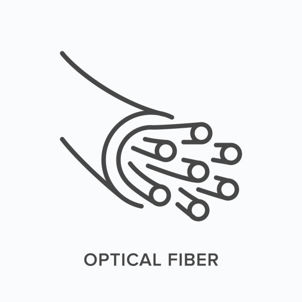 ilustrações, clipart, desenhos animados e ícones de ícone de linha plana de fibra óptica. ilustração de contorno vetorial do cabo de internet. pictograma linear fino preto para componente de comunicação de banda larga - fibra