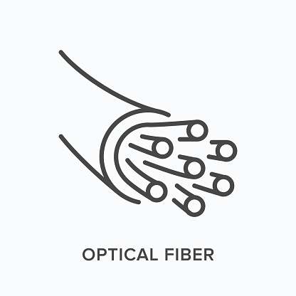 Optical fiber flat line icon. Vector outline illustration of internet cable. Black thin linear pictogram for broadband communication component.