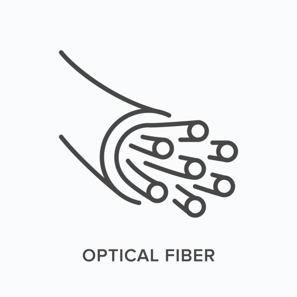 Optical fiber flat line icon. Vector outline illustration of internet cable. Black thin linear pictogram for broadband communication component Optical fiber flat line icon. Vector outline illustration of internet cable. Black thin linear pictogram for broadband communication component. fibre optic stock illustrations