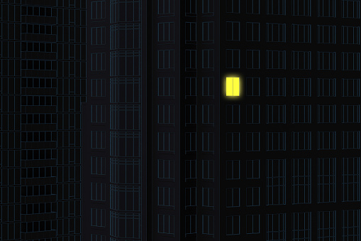dark background with skyscraper facades in lineart style with one luminous window. 3d rendering