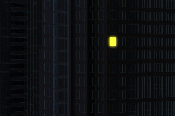 dark background with skyscraper facades in lineart style with one luminous window stock photo