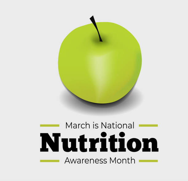 bildbanksillustrationer, clip art samt tecknat material och ikoner med national nutrition awareness month. vector illustration with green apple on grey - healthy food