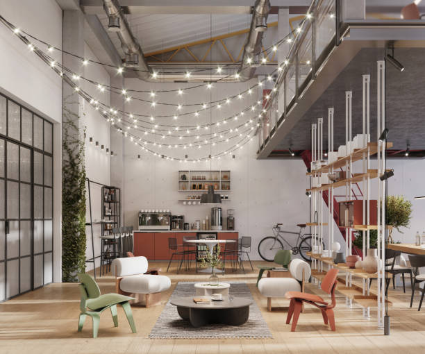istock Creative office lobby with cafe in the background in 3D 1368027634